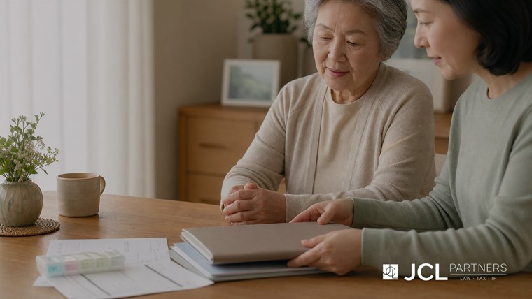 부모님과 가족이 의료기록과 부동산 서류를 함께 살펴보는 모습
